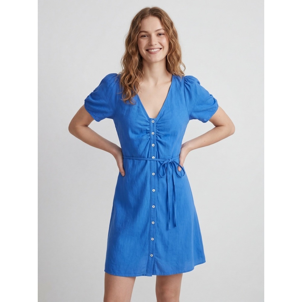 Madewell Blue Button Front Puff Sleeve  Ruched V-Neck Tie Back Mini Dress Size 6